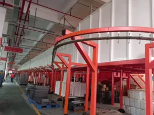 Industrial powder coating line production system with conveyor, spray booth, and curing oven