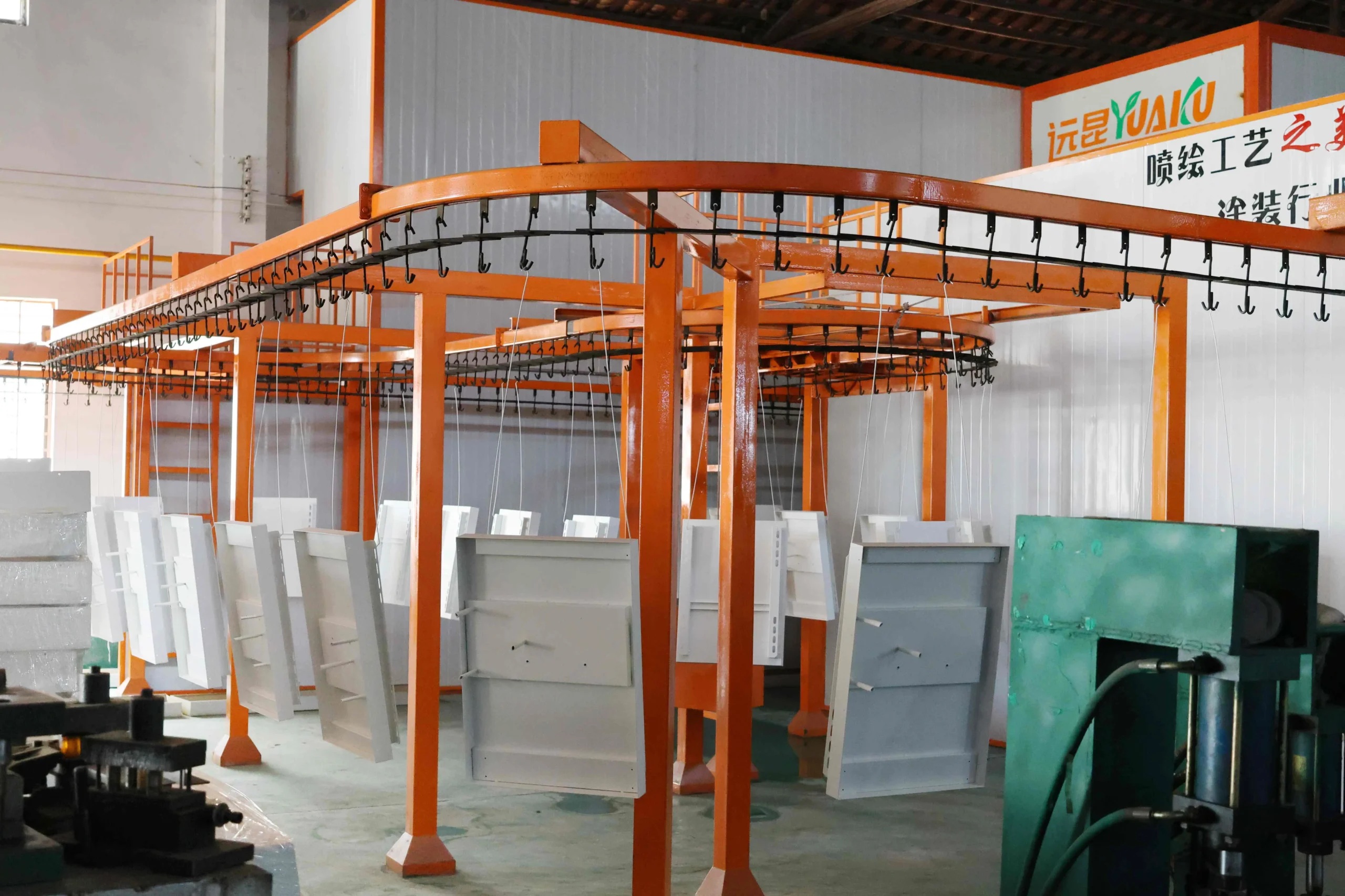 Complete powder coating production line showing all components
