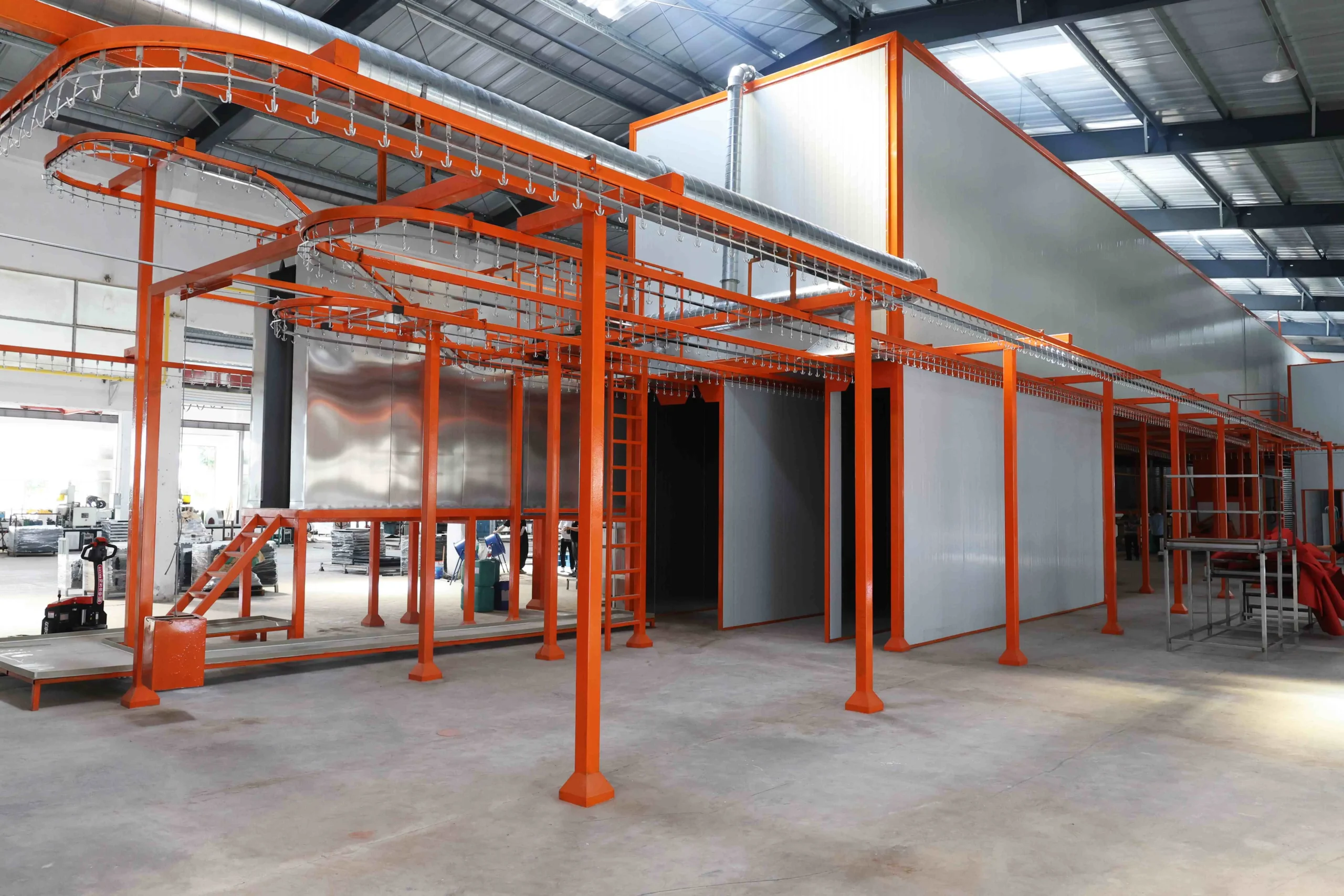 Overhead hanging conveyor system maximizing floor space
