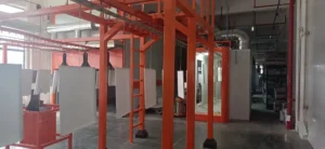 Powder coating line recovery and curing system with conveyor and oven structure