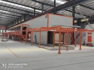 Powder coating line pretreatment and spray booth system for industrial metal products