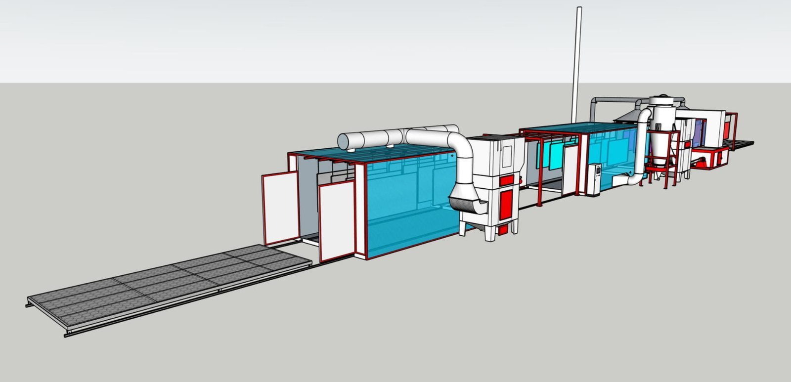 Elevator electrostatic powder coating line showing elevator cabin panels and door frame components