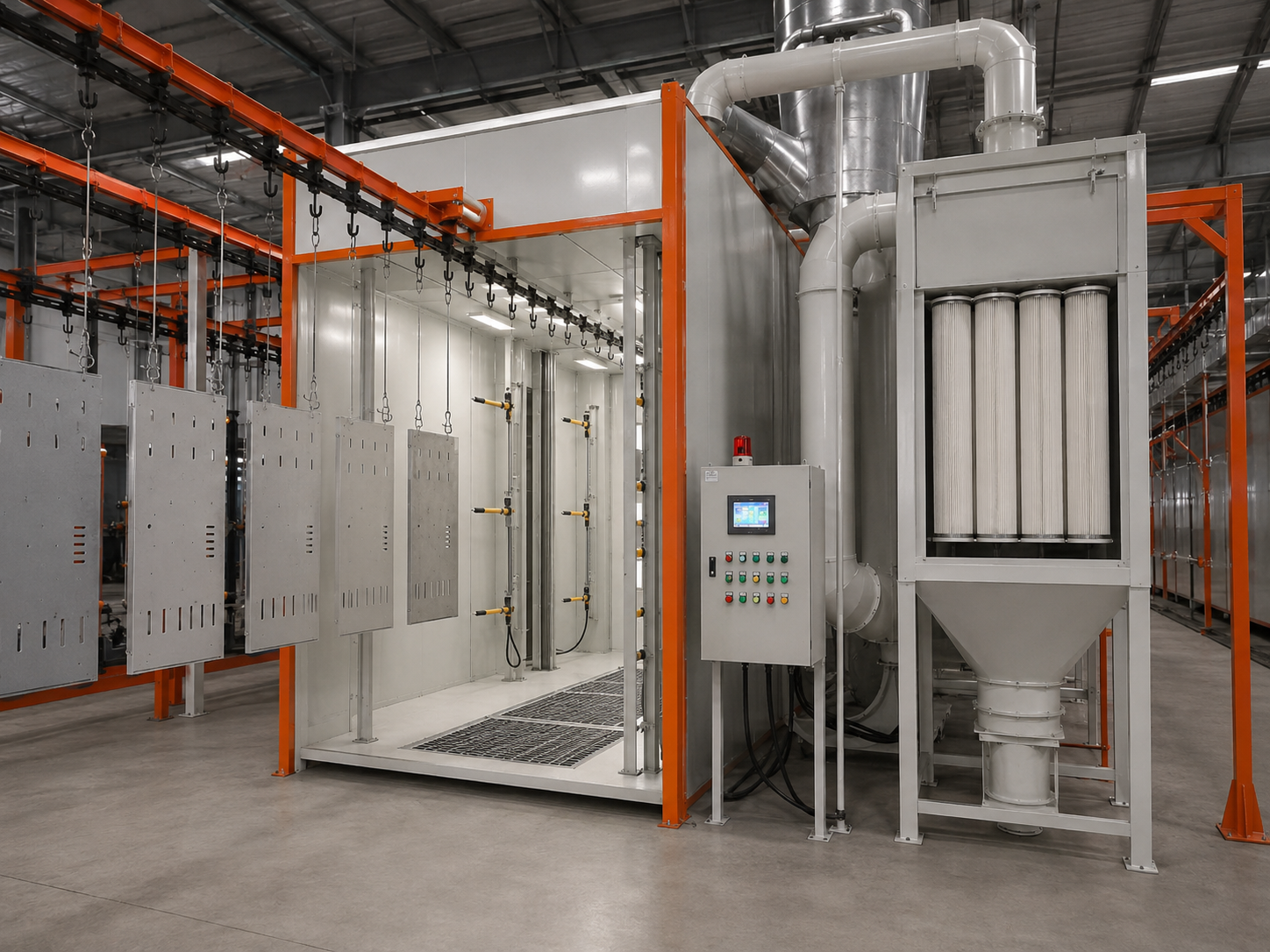 Automatic powder coating booth and spray gun system