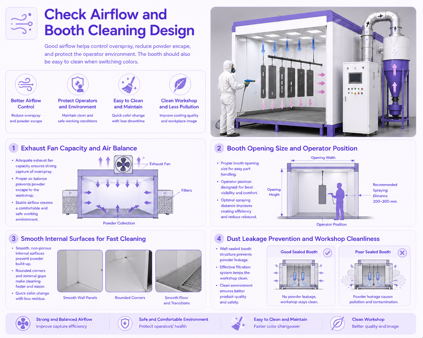 Powder spray booth airflow and operator spray gun operation
