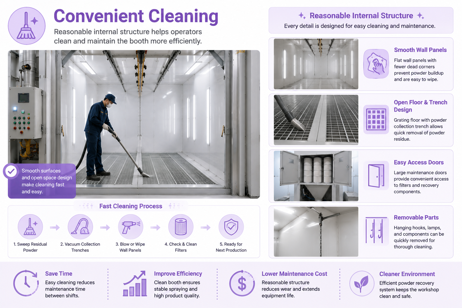 Cleaning and maintenance access for large cyclone powder room