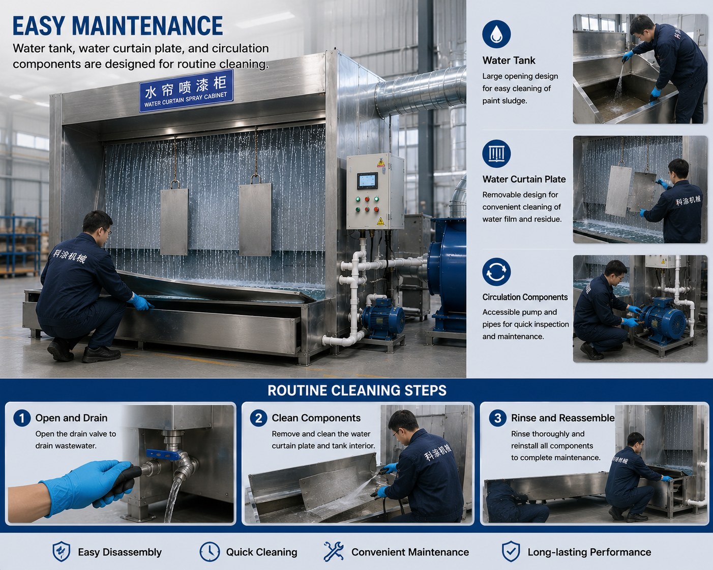 Easy maintenance water tank and water curtain plate