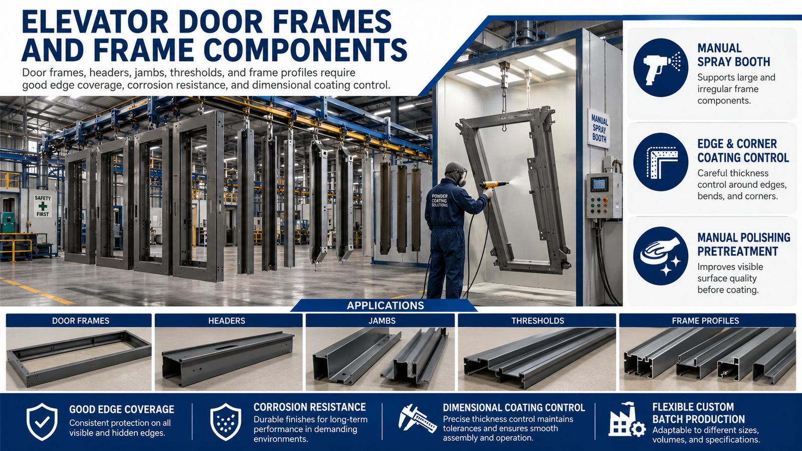 Elevator door frames and lift frame components powder coating