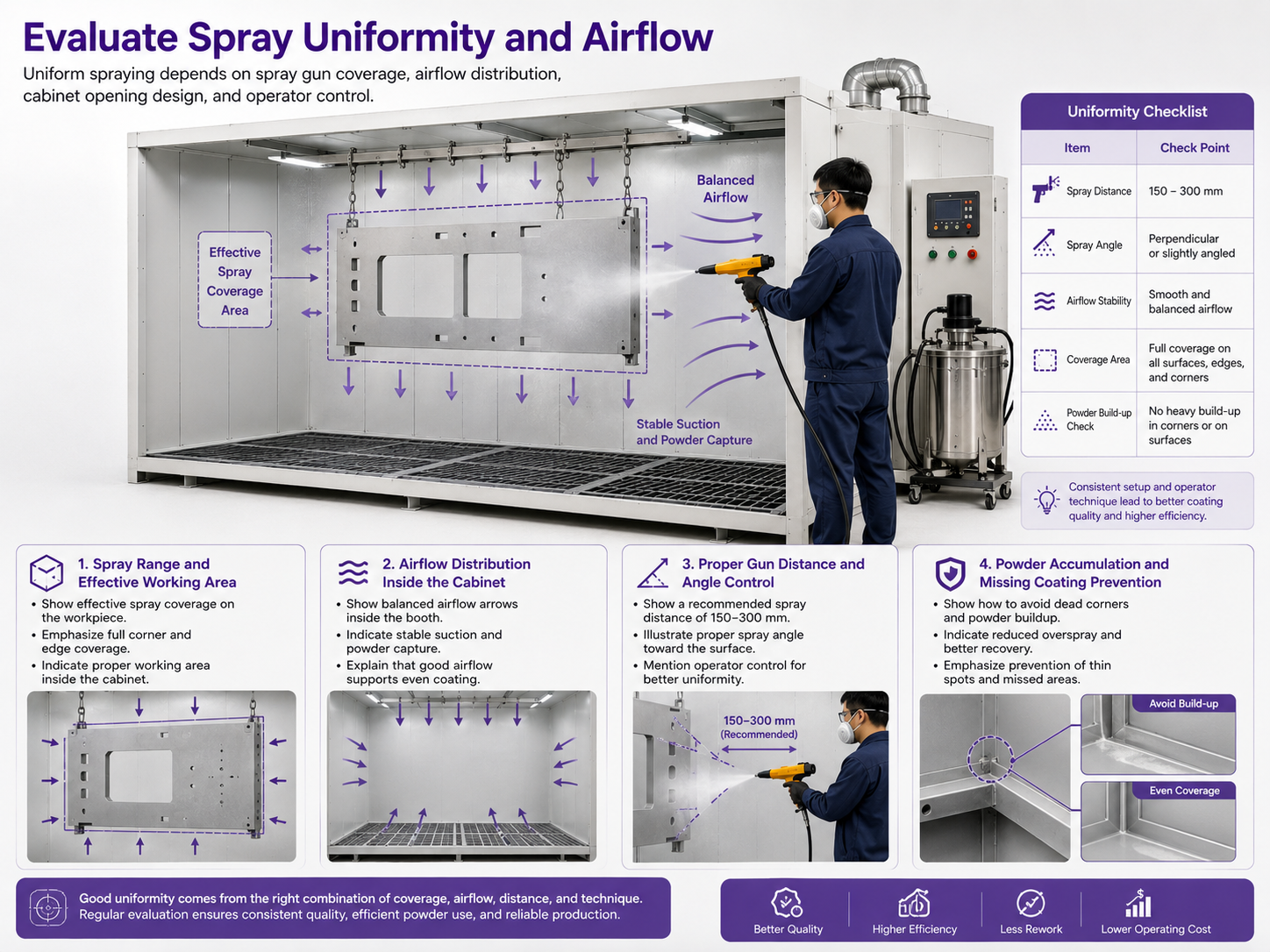 Powder spray uniformity and airflow design inside cabinet