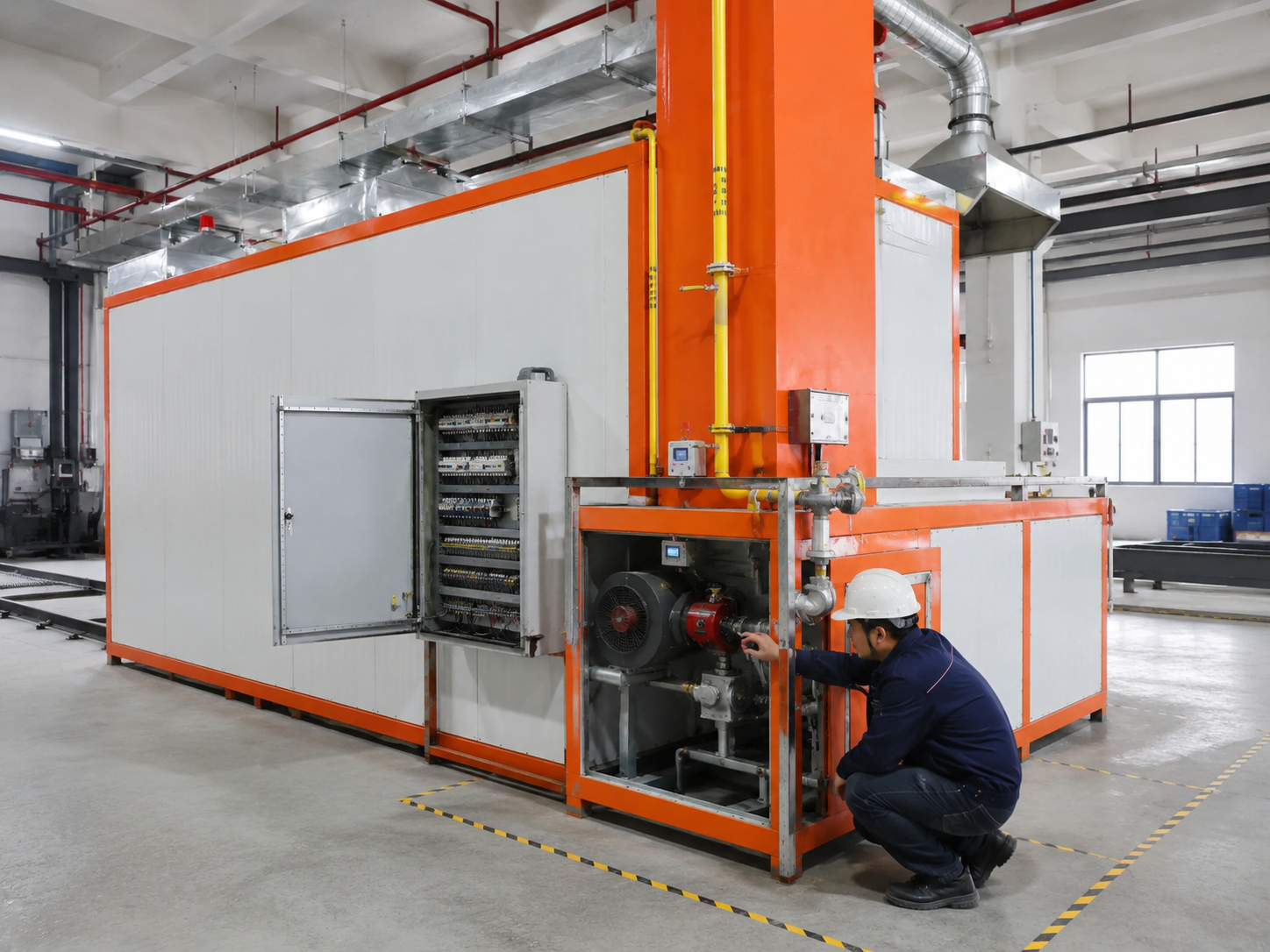 Automatic conveyor powder coating line with integrated spray booths and curing oven