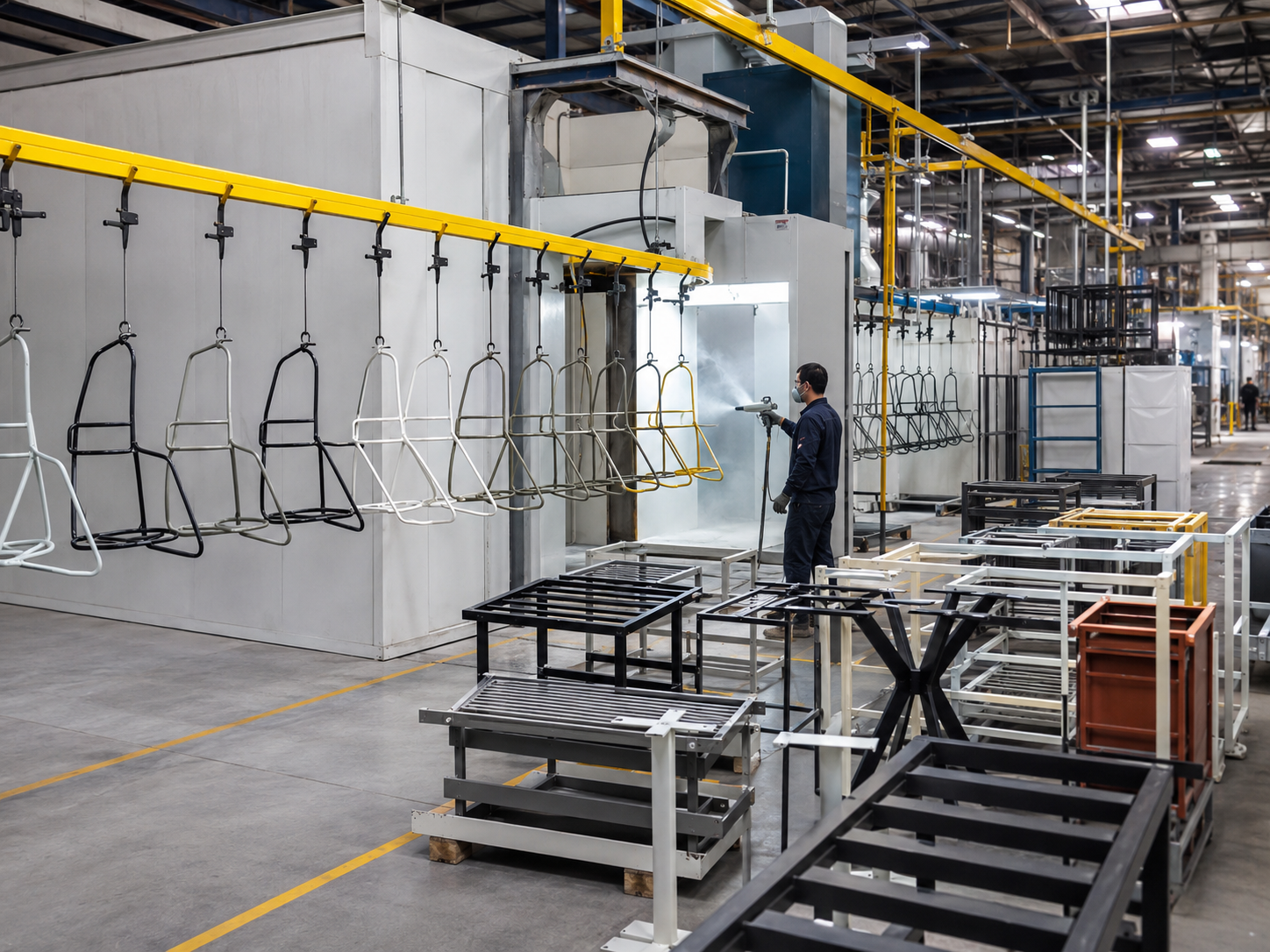Metal chair and table frames entering powder spraying booth interior
