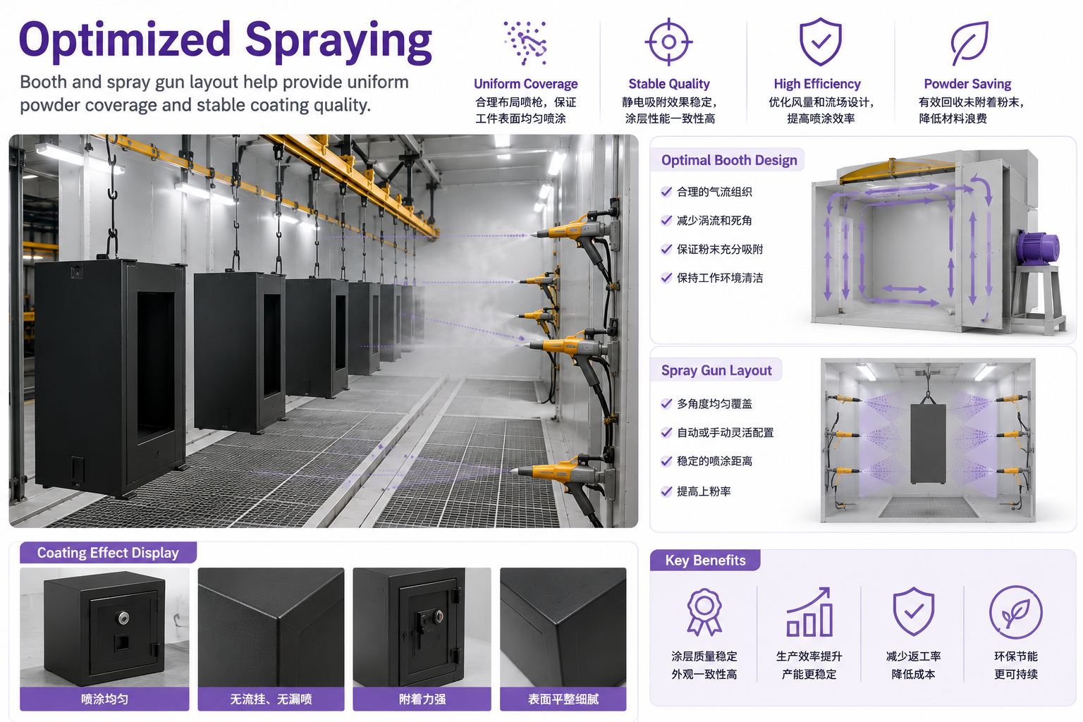Optimized powder spraying design inside cyclone booth