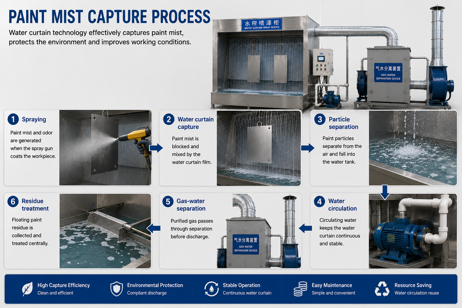 Working principle diagram of paint spraying water curtain cabinet with water curtain, tank, exhaust, and gas-water separation