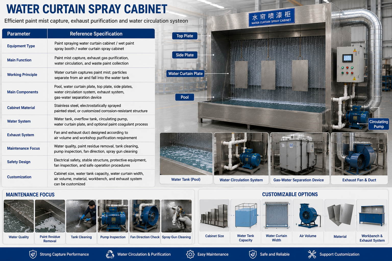 Technical layout of paint spraying water curtain cabinet with water tank and exhaust system