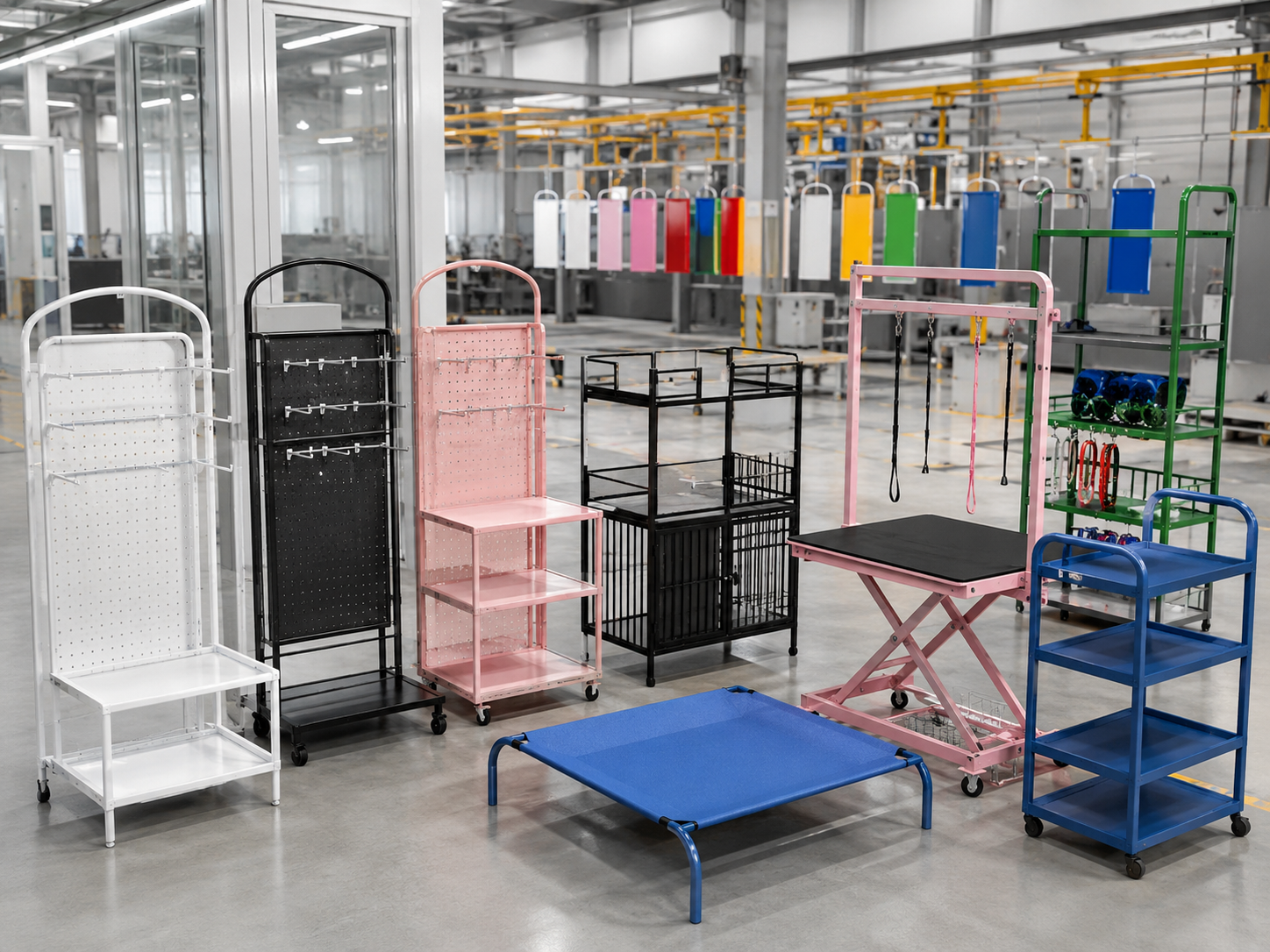 Pet product display racks and retail stands powder coating application