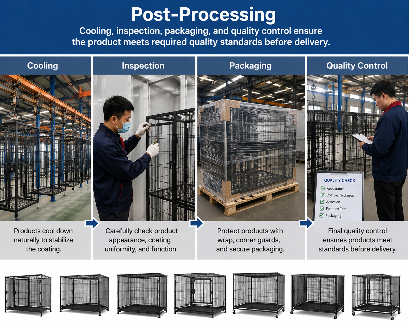 Post processing cooling inspection and packaging for pet products