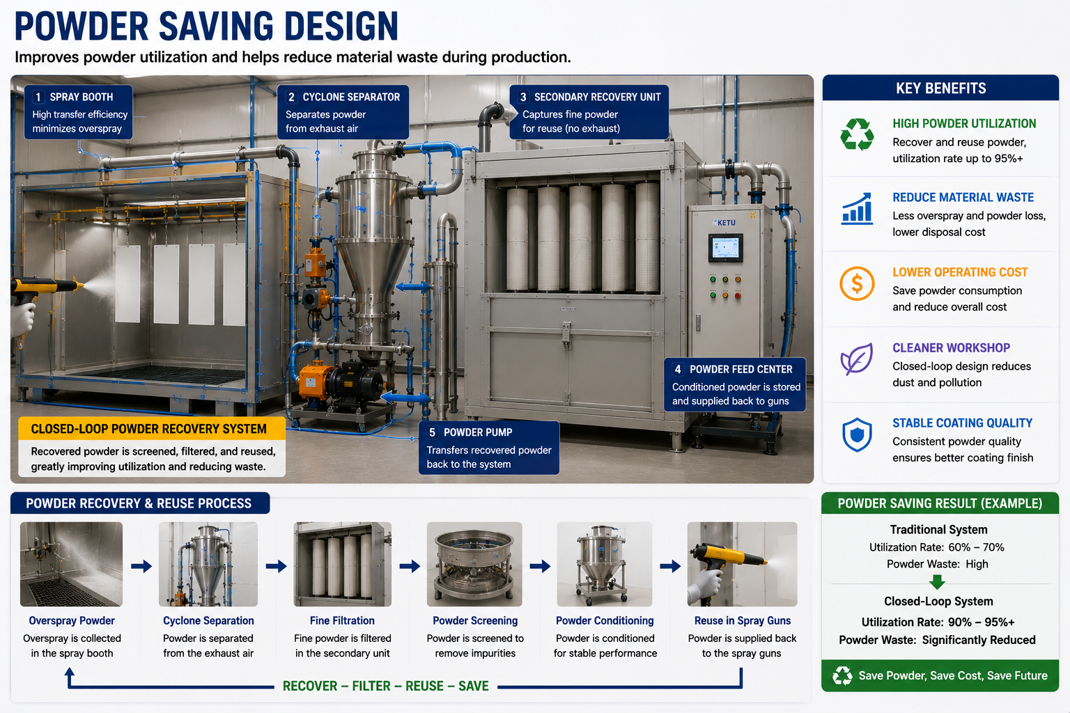 Powder saving design in closed-loop powder center