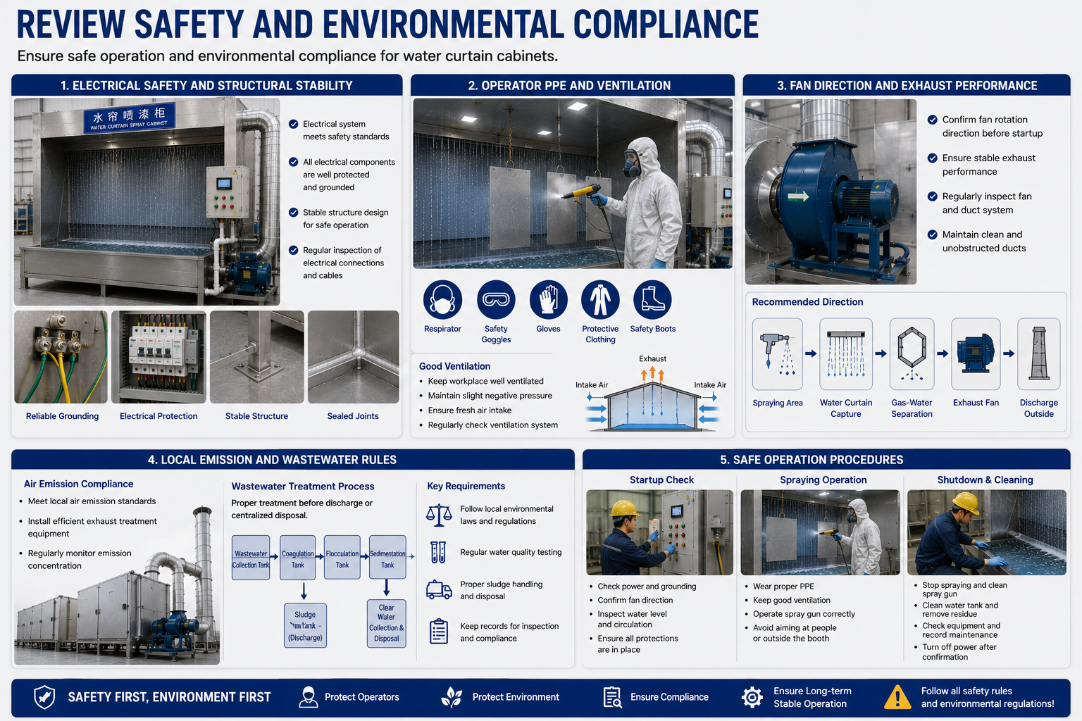 Safety and environmental compliance for water curtain spray booth