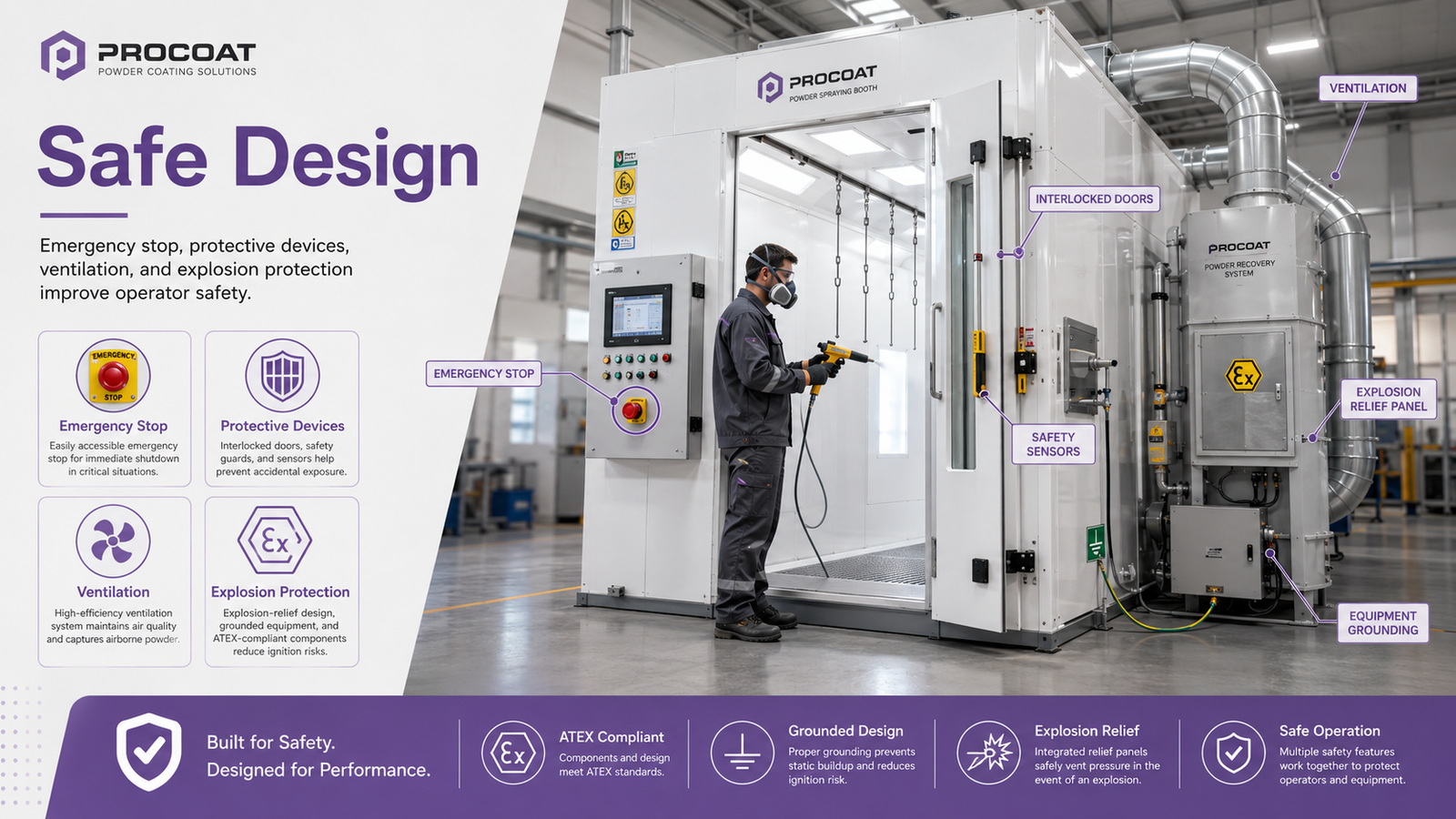 Safety design with emergency stop and dust explosion protection