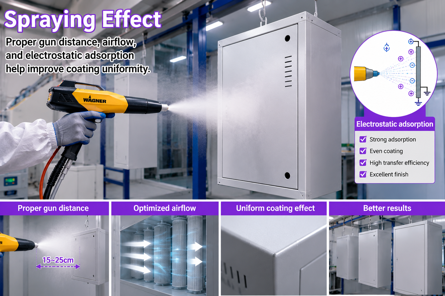 Uniform powder spraying effect inside cabinet