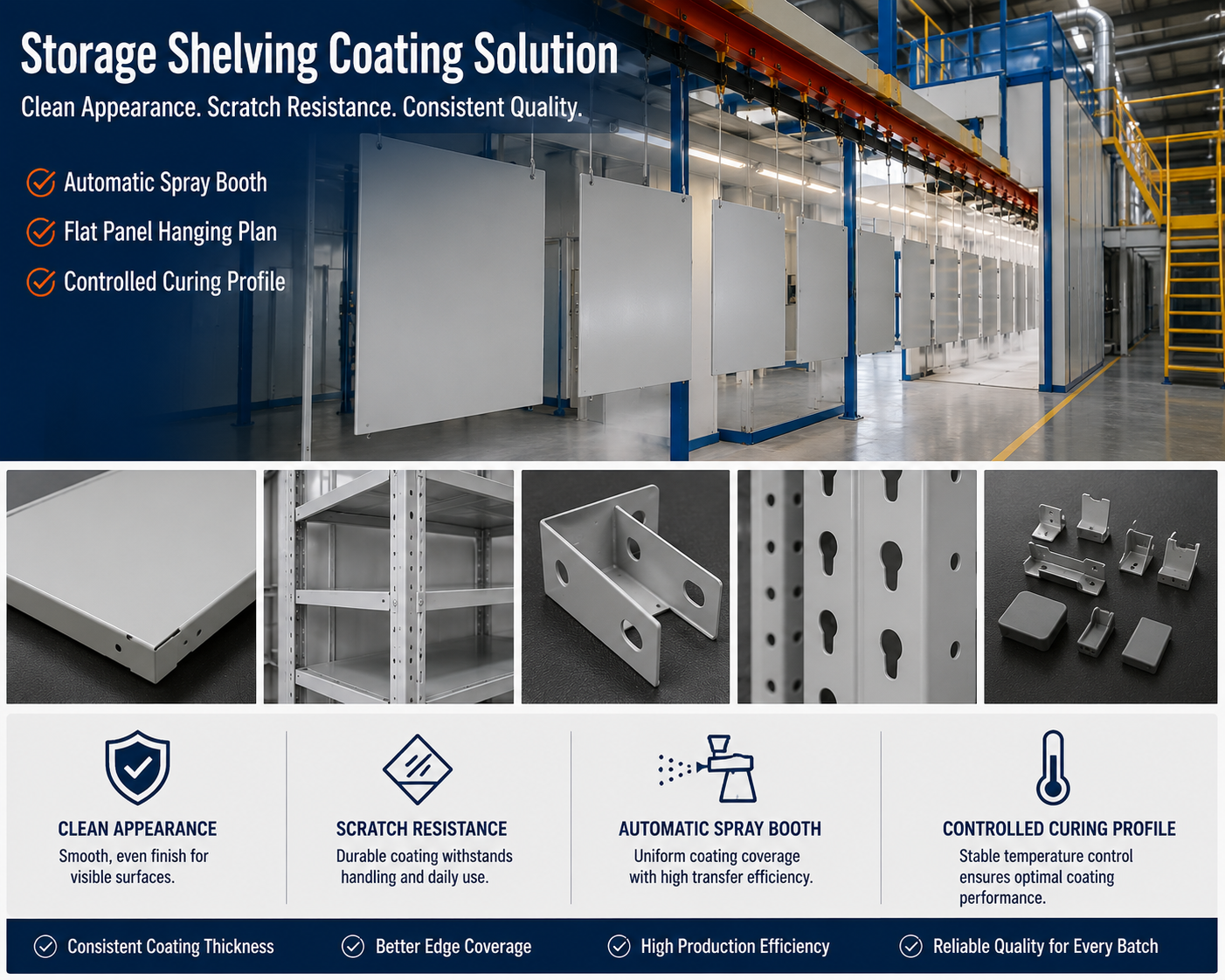 Storage shelving powder coating line for panels and frames