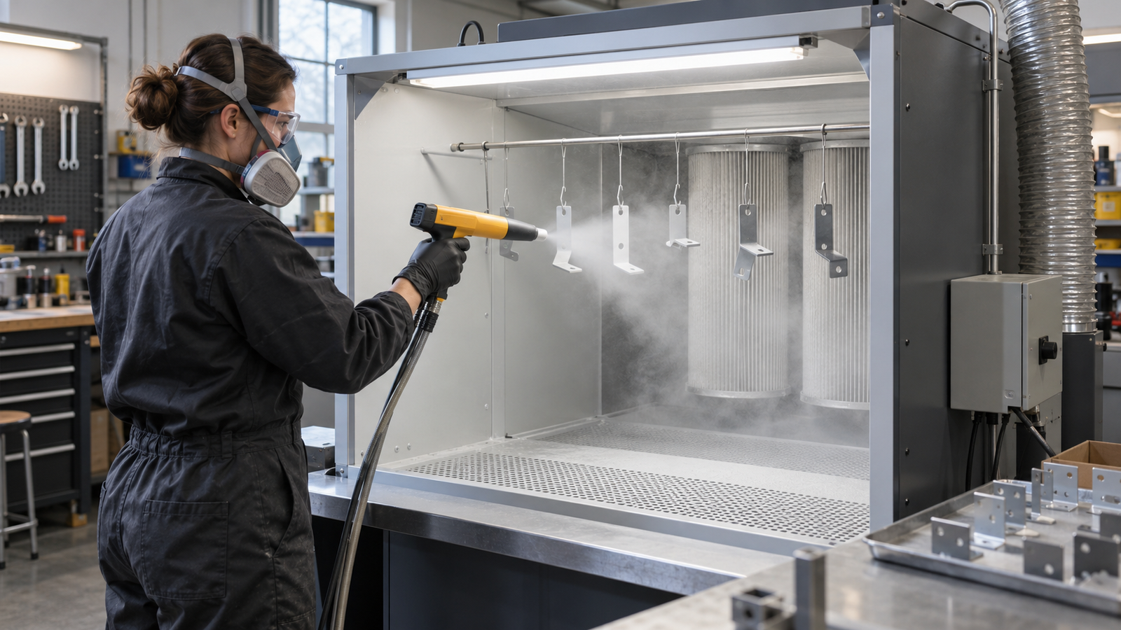 Electrostatic powder spray booth in action